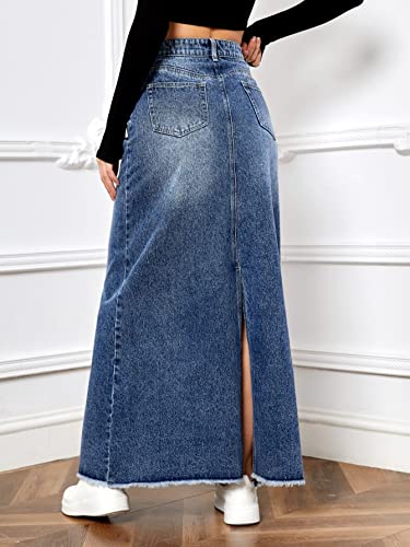 SweatyRocks Women's Casual Raw Hem High Waist Jean Skirt Long A Line Denim Skirts with Pocket2