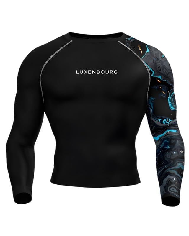 luxenbourg Mens Gym Compression T-Shirt | Polyester Full Sleeve Sports Wear and Rash Guard for Training Workout and Athletic Activewear | Black with Sky Blue Printed Sleeve-picture-17