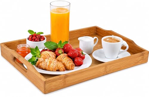 Dudoplatz Bamboo Serving Tray with Handles, Ideal for Dinner, Tea, Bar, Table, or Breakfast, Good for Parties or Bed (45 x 33 x 3 cm)