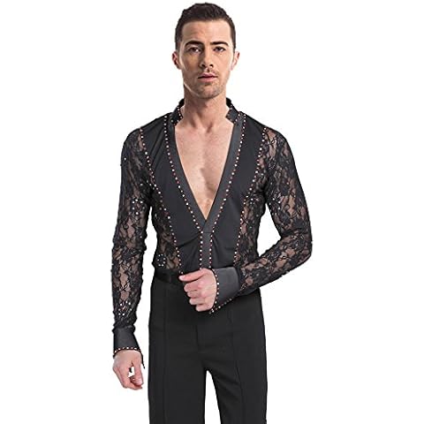 BOZEVON Mens Classic V Collar Latin Dance Lace Shirt Set Fashion Long Sleeve Performance Outfits, Black(Shirt), Tag L = UK M Cover