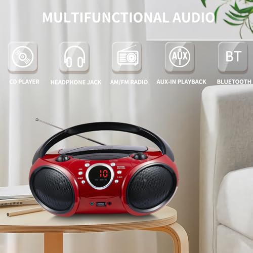 Singingwood Portable CD Player Boombox AM FM Radio, Bluetooth, USB Port CD-R/RW, MP3 CDs, 3.5mm Aux Input and Headphone Jack-Dual Power AC/Battery Stereo Sound System for Home & Outdoor(Firmist Red)