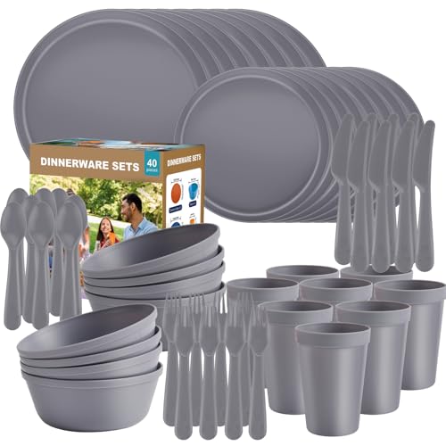 Plastic Dinnerware Sets – 40-Piece Gray Plates and Bowls Sets, Unbreakable, Reusable Dishes Set for 8 with Cups, Knives, Forks and Spoons, for Camping and Outdoor Use