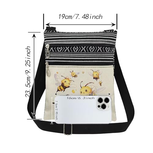 Playful Bees Print Adjustable Shoulder Strap Crossbody Bag Adorable Yellow & Black Striped Bumblebees Messenger Bag Christmas & Birthday Present for Sister​​ Teen Bee Lovers Gift2