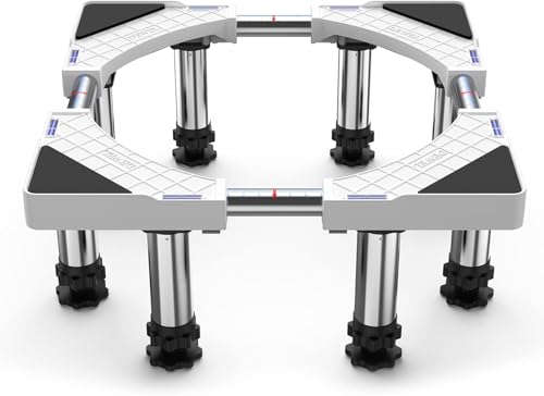 📐📐【Base Regolabile】: Questa base per lavatrice è dotata di 8 piedi, lunghezza/larghezza di 43-57 cm può essere regolata su entrambi i lati, con un aumento di 18-20 cm di altezza e una capacità di carico fino a 500 kg, che è una scelta ideale se si utilizza un frigorifero, una lavatrice, un asciugatrice, un congelatore, un fioriera, un armadio o altri mobili. Nota: la lunghezza e la larghezza sono entrambi regolabili per adattarsi bene agli elettrodomestici
