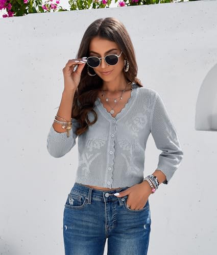 Image of Women Crop Cardigan Sweaters Lightweight 3 /4 Sleeve Button Up Crochet Shrug | Textured Bolero For Dresses Dressy Casual, V Neck, Ladies Eyelet Shawl Thin Trendy