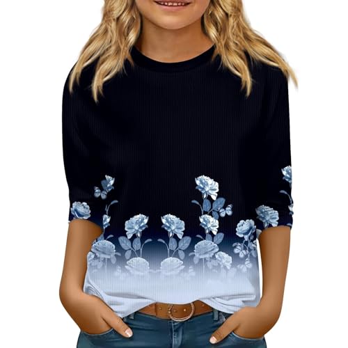 3/4 Length Sleeve Shirts for Girls Round Neck Boho Floral Print Casual Blouses Floral Print Tshirts