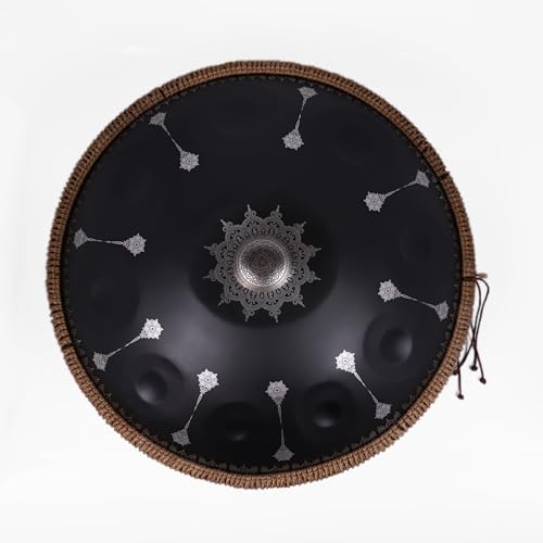 440Hz Steel Tongue Drum with Mandala Pattern, D Minor 10 Notes Black Handpan Percussion Instrument