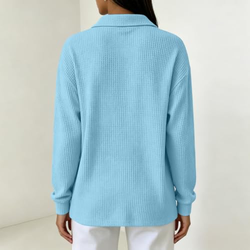 Womens Waffle Knit Collared Shirt Long Sleeve V Neck Pullover Top | Waffle Shirts for Women, Loose Fit Tops, Long Sleeve Blouses, Casual Fall Shirts, Everyday Layering, Womens Fall Fashion 2026 - image 3