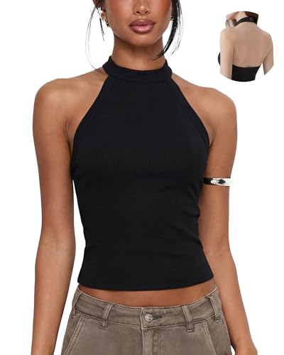 SUUKSESS Halter Tank Tops for Women Padded Cotton Ribbed High Neck Tank Tops Basic Backless Top Black