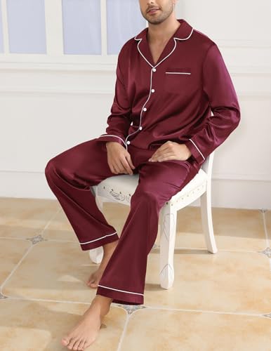 Image of Veseacky Mens Silk Satin Pajamas Set Short Sleeve Sleepwear Button-Down Pjs Sets Two-Pieces Loungewear with Pockets S-XXL