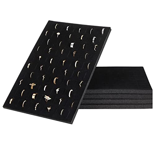 5 Pack Black Velvet Ring Insert Display, Jewelry Tray Storage Box, 100 Slot Foam Holder Organizer for Selling Rings (13 x 9 In)