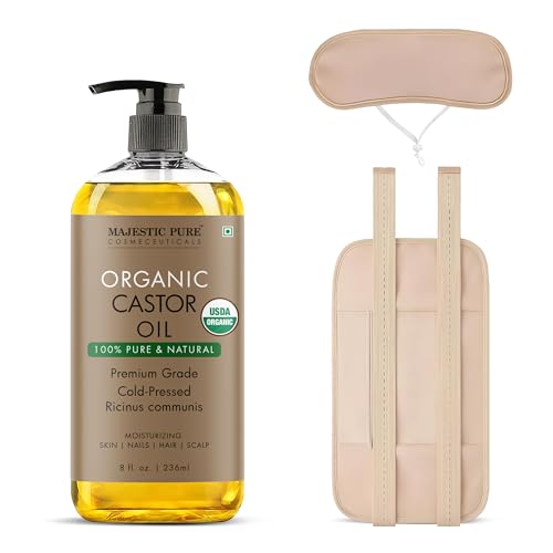 Majestic Pure 100% Natural Castor Oil 8 fl oz (236 ml) Organic Cold Pressed Castor Oil for Hair & Skin Growth with Reusable Wraps