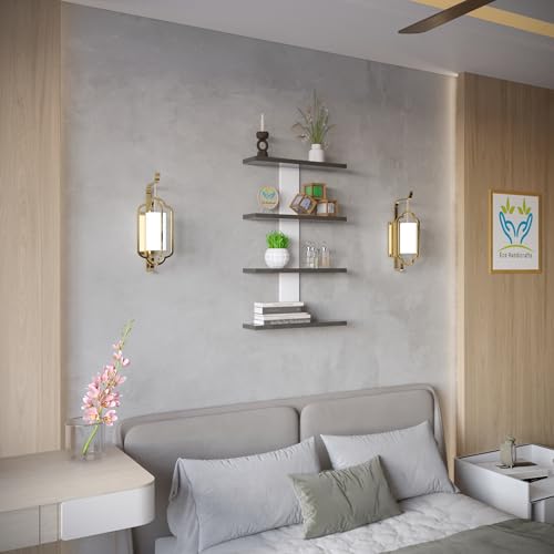 Image of Wooden Wall Mounted Floating Rack Shelves Book Stand Display Hanging Shelf Living Room Bedroom Storage Home Office for Decoration Showcase (Black White)