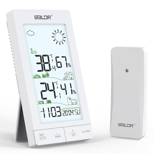 Stazione Meteo con Sensore Esterno, Stazione Meteo con Display LCD 6,0”, Termometro Interno ed Esterno, Igrometro, Previsioni Meteo, Luce notturna, Sveglia, Funzione Snooze