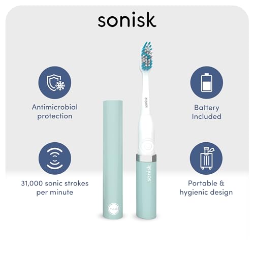 Sonisk Pulse batteriebetriebene elektrische Zahnbürste, tragbare Reisegröße mit antimikrobieller Schalltechnologie, 1 x Akku, 2 x Bürstenköpfe, 1 x Reiseetui im Lieferumfang enthalten (Blaugrün) – Bild 4
