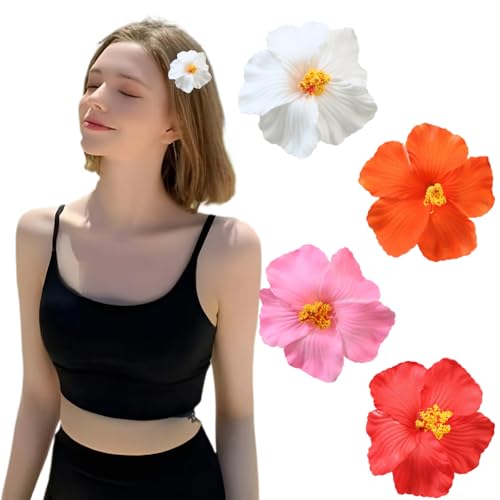 Jimmidy Hawaiian Flower Shaped Hair Clips, 4 Pack of Bohemian Hair Accessories for Women 3.74 Inch Hibiscus Hair Clips Hair Accessories Suitable for Holiday Beach Party (White,Red,Pink,Orange)