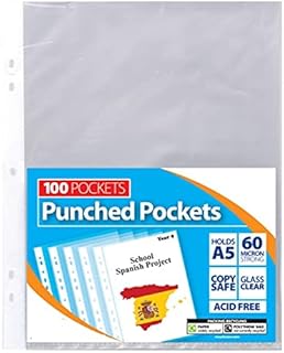 A5 Punch Pockets Clear Plastic Punched Pockets 60 Micron Filing Folders Wallets Sleeves Document Files for Ring Binder Punched Pockets by E&A Distribution Limited