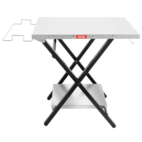 Feasto Outdoor Grill Table, Foldable Pizza Oven Stand & Griddle Stand with Garage Rack & Tissue Holder, Folding Outdoor Prep Table for Gathering and Party, 30' x 24', Stainless Steel