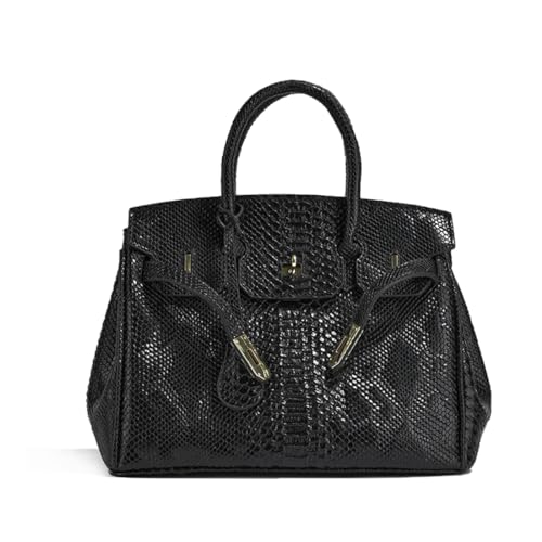 Women's Snake Pattern Top Handle Satchel with Detachable Strap Ladies Designer Leather Crossbody Bag (C-Black)