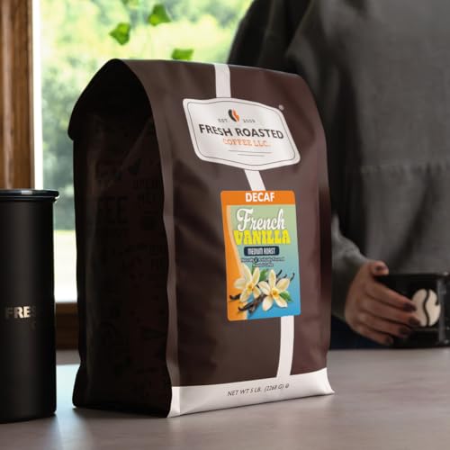 Image of Fresh Roasted Coffee, Decaf French Vanilla Flavored Drip Ground Coffee, Medium Roast, Kosher, 5 lb (80 oz)