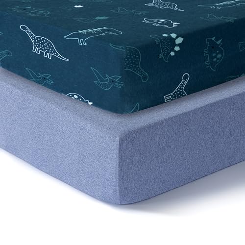 Image of Dreamology Cotton Crib Sheets,2-Pack,Standard Crib Sheets Boys,Girls,100% Cotton Crib sheets,Baby Crib sheet,Cotton Crib Sheet Fitted and Toddler Bed Sheets,52x28 Crib Mattress Sheet | Dino,Denim Blue