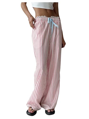 Women's Striped Lace Trim Drawstring Waist Wide Leg Loose Long Pants