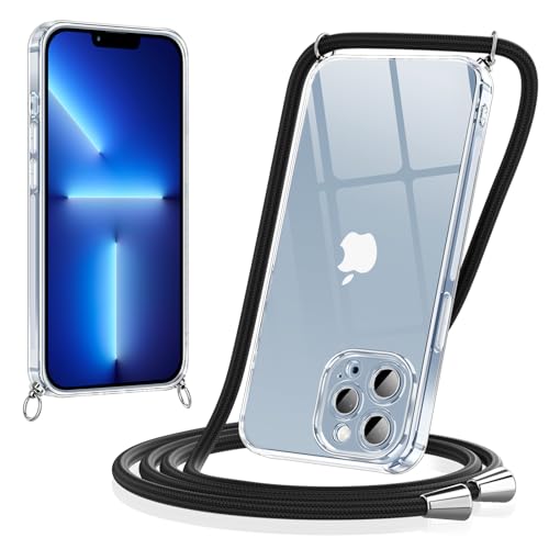 Coiwxmoi Coque pour iPhone 13 Pro avec Cordon 6,1",Collier Réglable Téléphone Étui de Protection Ultra Mince Transparente Silicone TPU Antichoc Anti-Rayures Bumper Lanyard Case pour iPhone 13 Pro,Noir