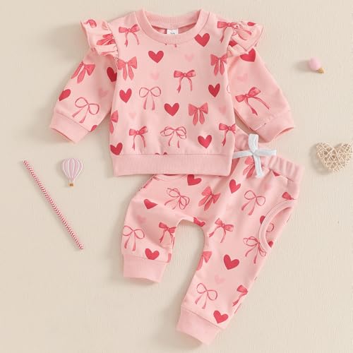 Toddler Baby Girl Valentines Outfit Bow Heart Print Long Sleeve Crewneck Ruffle Sweatshirt Pant 2Pcs Set2