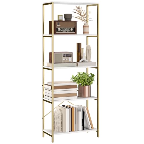 HOMCOM 5-Tier Bookshelf, Modern Bookcase, Floor Standing Book Shelf with Metal Frame, Open Display Shelving Unit for Living Room, Home Office and Bedroom, White and Gold Tone