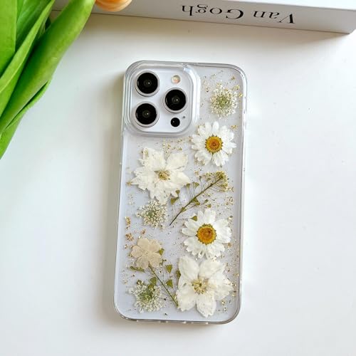 LSEEKA for iPhone 14 Pro Max Clear Case with Pressed Real Flowers Design,Glitter Cute White Floral Pattern Slim Soft TPU Protective Women Girl's Phone Cover for iPhone 14 Pro Max by LSEEKA - Image 2