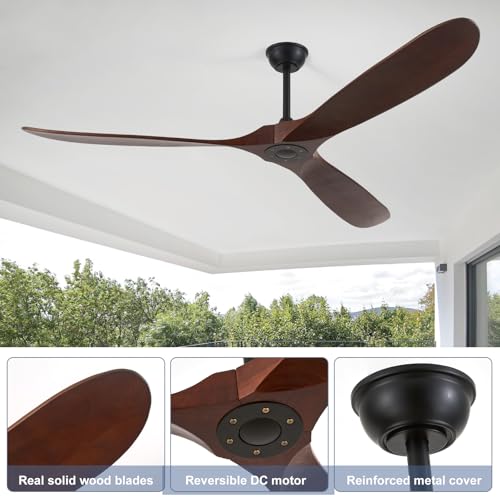 Image of 72inch Solid Wood Ceiling Fan no Light,Outdoor Ceiling Fan with Remote,DC Ceiling Fans with Large Airflow for Patios,Gazebos,Living Room,Farmhouse (dark walnut)