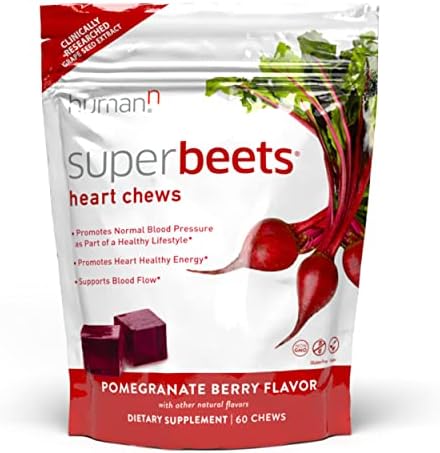 HumanN SuperBeets Heart Chews - Nitric Oxide Production and Blood Pressure Support - Grape Seed Extract & Non-GMO Beet Energy Chews - Pomegranate Berry Flavor, 60 Count