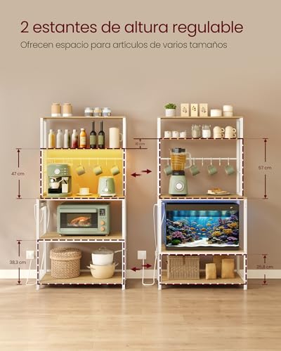VASAGLE Estantería de Cocina con LED, para Microondas con Regleta, Estantes Ajustables, 8 Ganchos, 40 x 80 x 168,4 cm, Roble Dorado y Blanco Mate KKS050YA01 - imagen 6