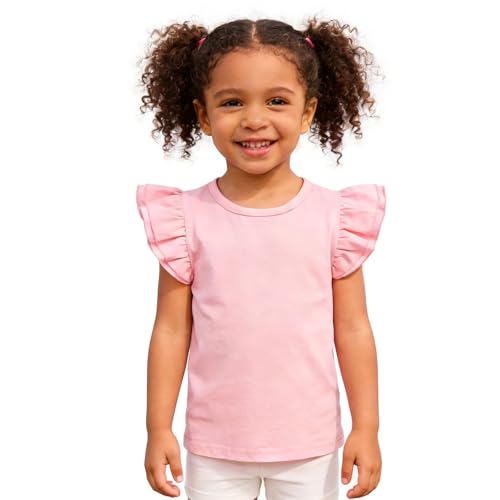 Sanpersonlin Toddler Baby Girl Solid Color T Shirt Kids Blouse Basic Plain Ruffle Top Cotton Casual Clothes, 0021h-short Sleeve Light Pink, 2-3 Years