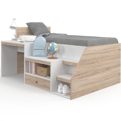 IDMarket - Lit combiné avec sommier, Bureau et Rangement Leopold 90 x 190 cm hêtre et Blanc