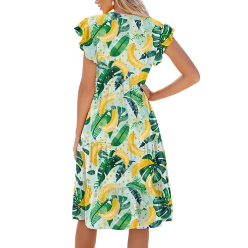 Image of Women's Casual Ruffle Sleeve Dress V Neck Pullover Dress Flowy A-Line Pleated Lightweight Dress with Pockets