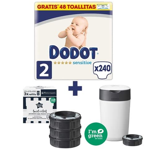 Dodot + Tommee Tippee: Dodot Pañales Bebé Sensitive Talla 2 (4-8 kg), 240 Pañales + Pack 48 Toallitas+ Tommee Tippee Contenedor Twist and Click con 4 recambios