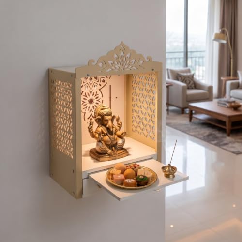 Image of Krishna Mandir Metal Wall Mounted Pooja Mandir for Home - 18x10x20 Inch Dual-Tone Home Temple with Drawer, Pull-Out Tray & Built-in Light - Termite Proof & Fire Resistant