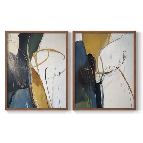 Renditions Gallery Set of 2 Peel & Stick Framed Prints, Abstract Wall Art, Swirling Colors with Gold Lines Wall Decor, Re-Stickable - Ready to Hang - 22"x28" - Walnut Frame LT608