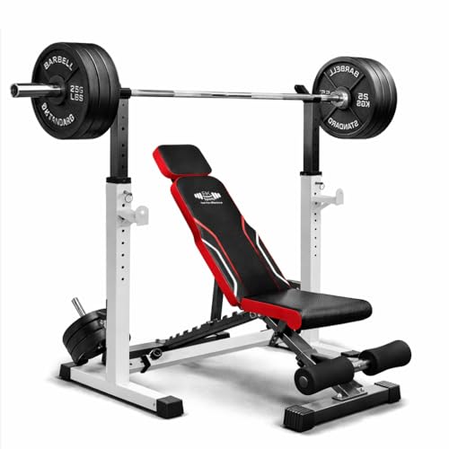 FK Sports Adjustable Squat Rack & Weight Bench Set Heavy Duty Home Gym Equipment Multi-Function Bench Press & Squat Stand Full Body Strength Training Workout Kit