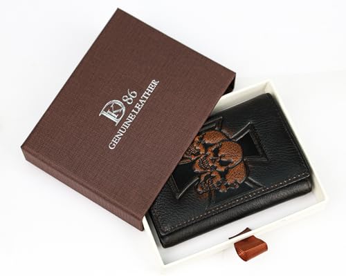 Image of DK86 Skull Trifold Wallets for Men Full Grain Leather with Hand Burnished Tri-Fold Wallet RFID Blocking (Black and Brown: Style B)