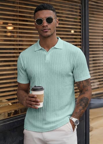 Image of JMIERR Mens Casual Polo Shirt Summer Short Sleeve Vacation Button Beach Knit Stretchy Golf Shirts