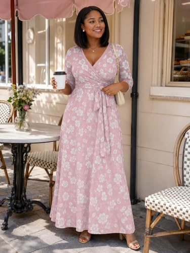 Image of PinkPatty Plus Size Maxi Dresses for Women Casual Flowy Long Dress 3 /4 Sleeve V Neck Wrap Dress with Belt