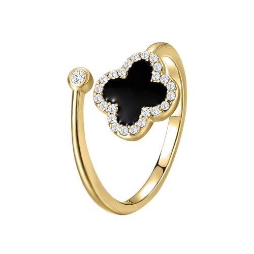 Qitian 18K Gold Four Leaf Clover Rings for Women Black Lucky Link Clover Rings, Trendy Rings Set Jewelry Gifts for Women.