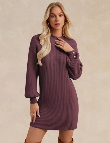 GRACE KARIN Women's Mock Neck Long Lantern Sleeve Sweater Dress 2025 Oversized Casual Knit Pullover Tunic Dress2