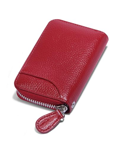 RFID Blocking Leather Wallet for Women,Excellent Women's Genuine Leather Credit Card Holder Ladies Small Blocked Accordion Wallets with Stainless Steel Zipper Compact Accordian ID Cards Bag Wine Red