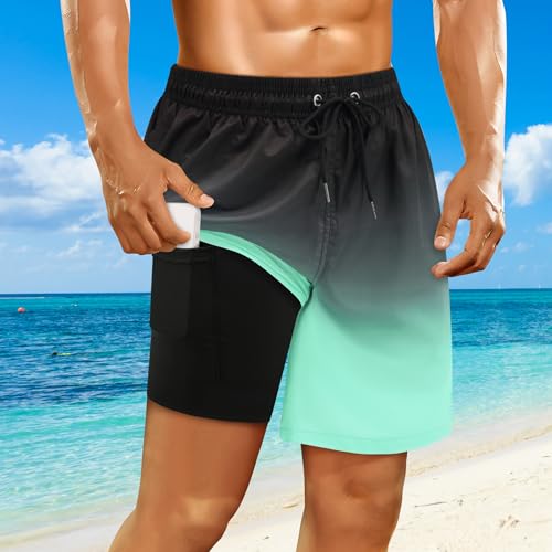 Mens Swim Trunks with Compression Liner Mens Bathing Suit 7 Inch Inseam Quick Dry Mens Board Shorts Men's Swimwear Men
