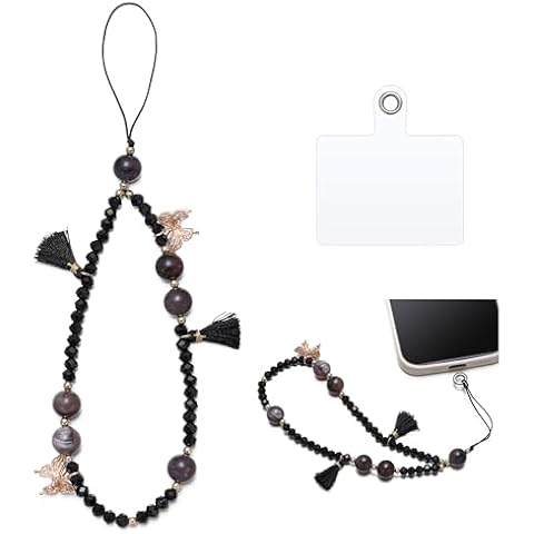 S.J JEWELRY Phone Charm Phone Wrist Strap with Tether Tab Beaded Phone Lanyard Phone Wristlet Handmade Semi-Precious Gemstone Phone Chain PC-Bflytassel-Black Cover