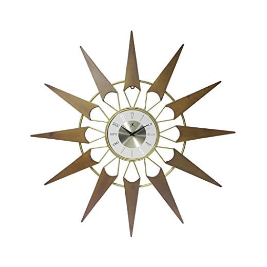 Infinity Instruments Nova Starburst Gold Wall Clock Vintage Mid Century Starburst Clock 31 inch Extra Large 50s 60s Mid Century Modern Decor Wall Hanging Sunburst Clock, Gold, Brown
