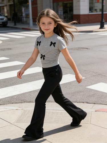 Image of Girls Clothes 2 Piece Short Sleeve Lace Bow Print Tops Flared Pants Set Little Girl Outfits Size 7-14